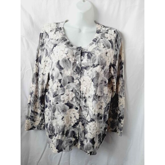 Talbots Sweaters - Talbots silk blend floral grey cream flower appliqués medium cardigan